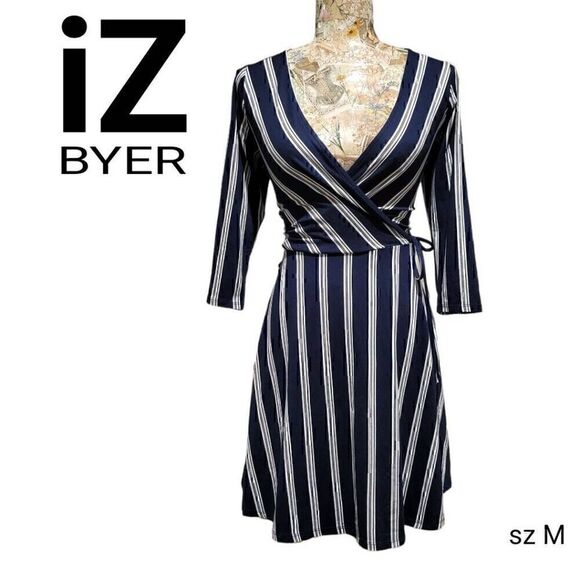 iZ Byer Blue Striped Soft Stretchy Faux Wrap Dress - Picture 2 of 12